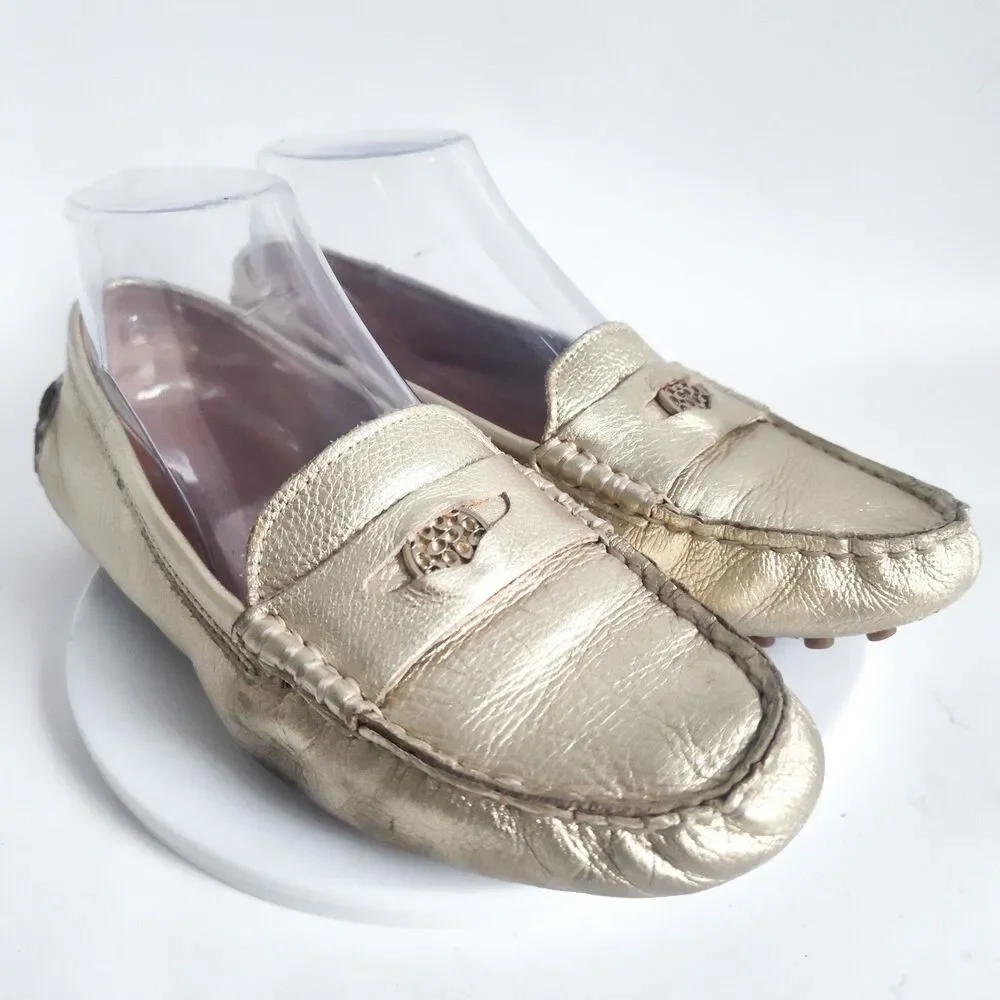 Coach Penny‎ Loafers Size 7 Logo Leather Slip On Flats Napoleon Metallic Gold